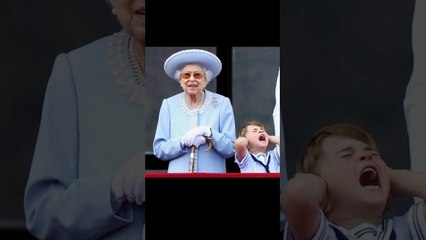 Queen Elizabeth II speaks to Prince Louis during the Platinum Jubilee balcony appearance