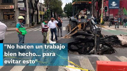 Socavón provoca caos vial en la Roma; "dizque" ya lo habían arreglado, acusan vecinos
