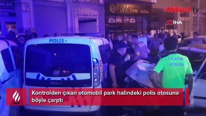 Kontrolden çıkan otomobil park halindeki polis otosuna çarptı
