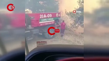 Çanakkale'deki yangında, arazözle alevlerin arasında kalmaktan son anda kurtuldu