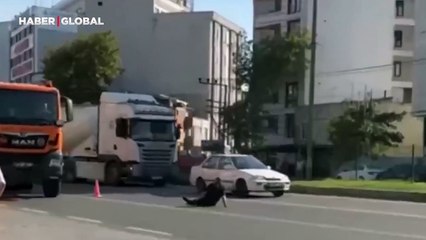 Yolun ortasına uzanıp trafiği tehlikeye attı
