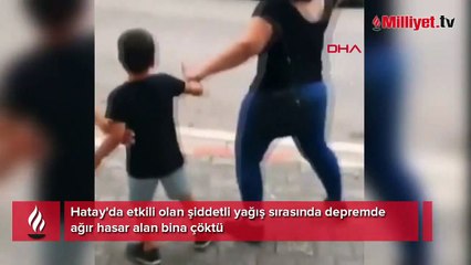 Hatay'da ağır hasarlı bina çöktü