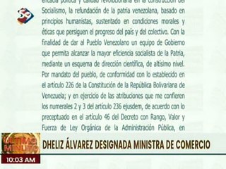 Designan en Gaceta Oficial a Dheliz Álvarez  como ministra del P.P para el Comercio Nacional