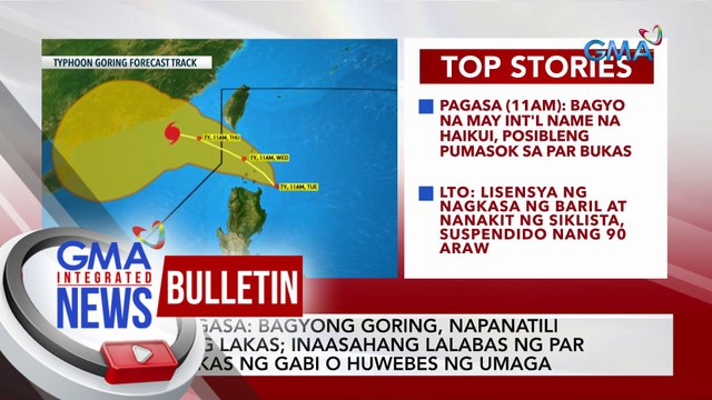 PAGASA: Bagyong Goring, napanatili ang lakas; inaasahang lalabas ng PAR bukas ng gabi o huwebes ng umaga | GMA Integrated News Bulletin