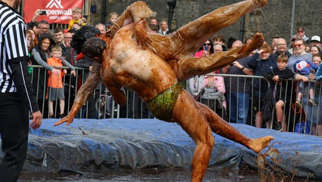 Wrestlers slammed into 2,000 litres of gravy during wacky world championships