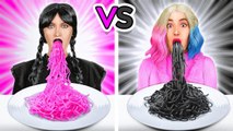 Pink Vs Black Food Challenge || Wednesday Adams Vs Enid One Color Snacks Challenge By 123 Go!