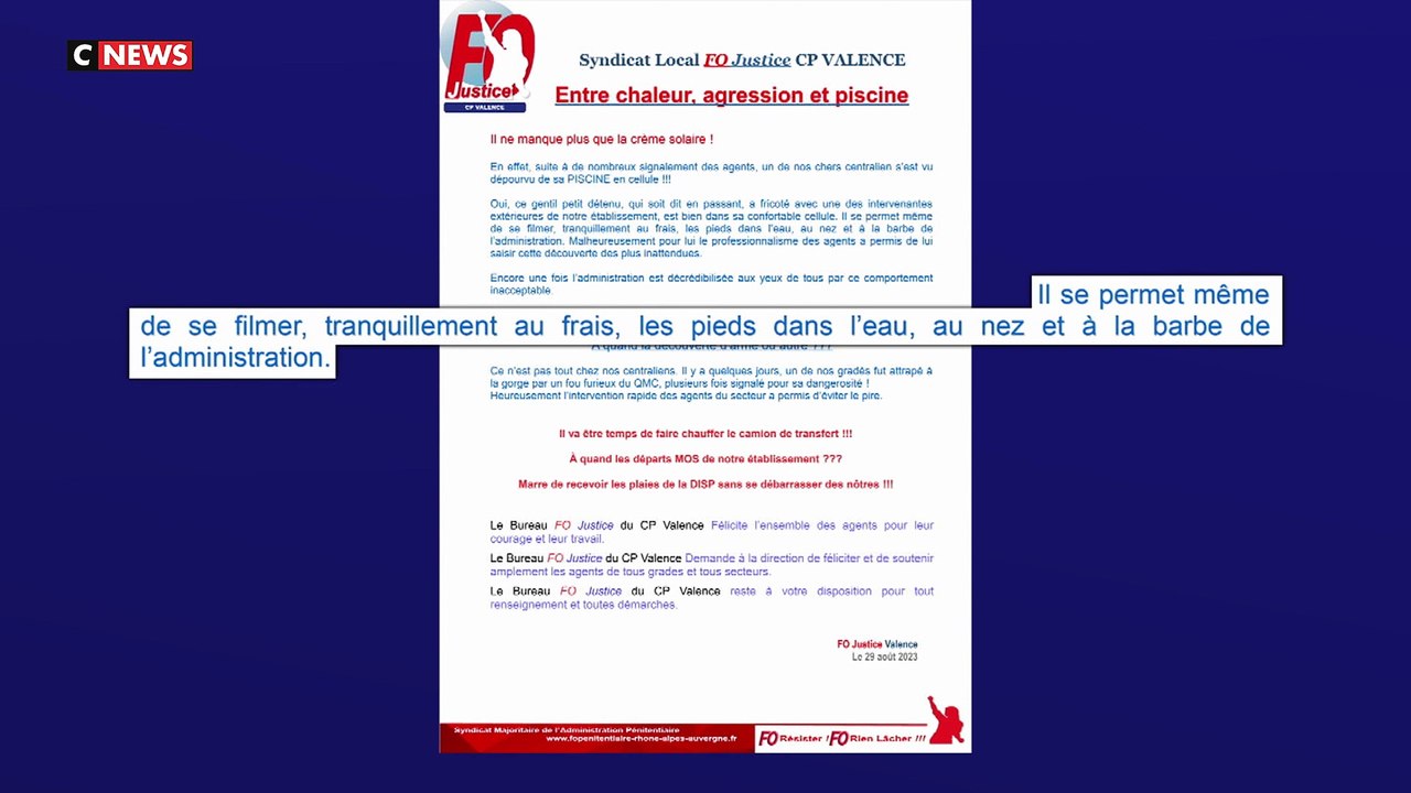 Prison de Valence - Un détenu publie une vidéo sur les réseaux sociaux montrant qu'il s'est installé une piscine gonflable dans sa cellule provoquant la colère des autorités !