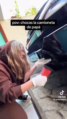 Joven choca el auto de su papá y lo intenta reparar con un truco de TikTok: ¿Lo logró?