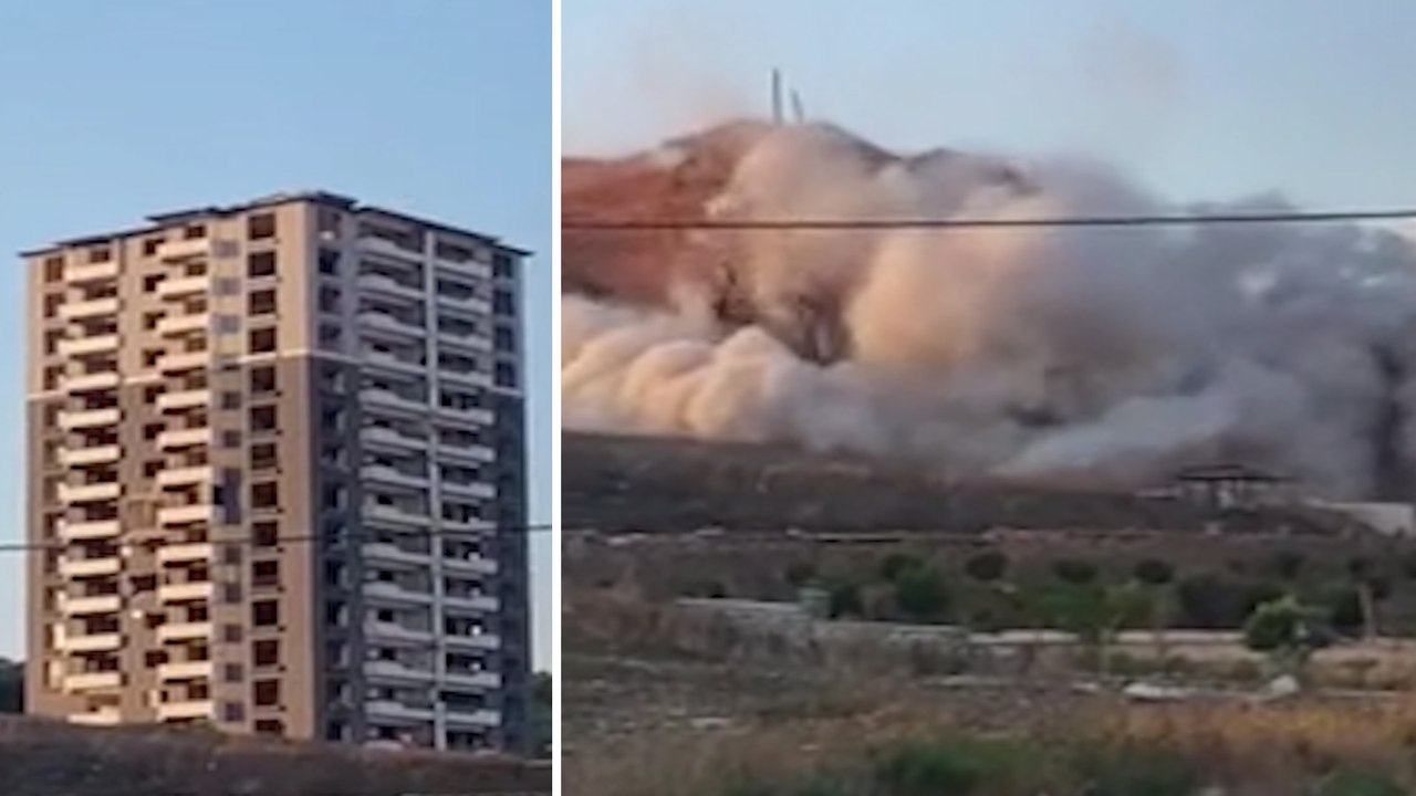 Hatay'da 15 katlı hasarlı bina, 3-2-1 Ya Allah, bismillah denilerek dinamitle yıkıldı