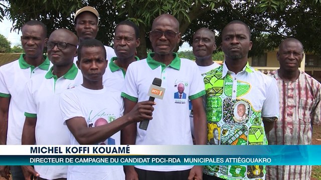 Kouamé Jérôme,Michel Koffi, Charles Pémont et Jean-Noël en campagne à Attiégouakro pour les municipales 2023