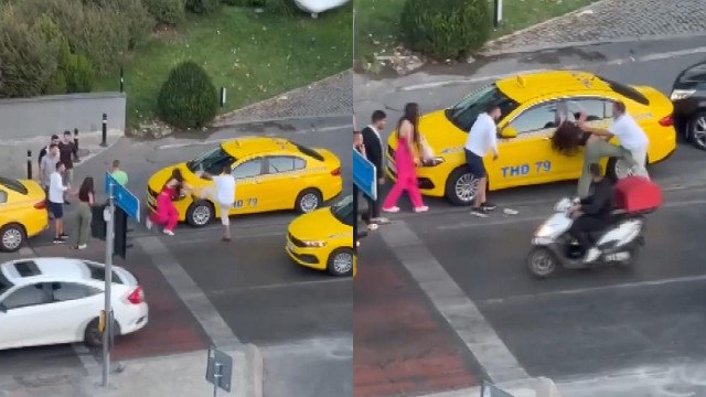 Beyoğlu'nda taksici ve kadınların kavhası kamerada