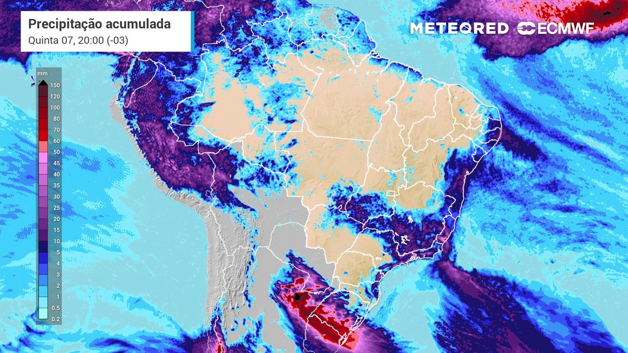 Precipitação acumulada prevista entre Terça (05) e Quinta (07)