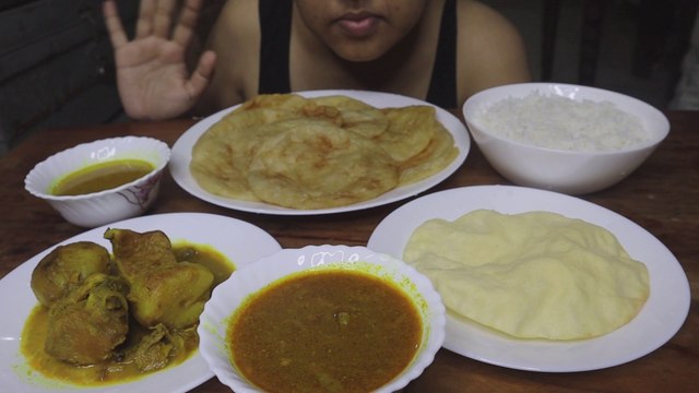 Eating Poori, Chicken curry, Pappad, White Rice, Dal | ASMR Eating | Mukbang