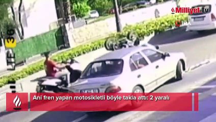 Motosikletin üzerinden böyle savruldular! Sürücü ani fren yapınca...