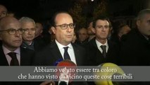 Hollande sui luoghi degli attentati: «Francia unita, sarà lotta spietata ai terroristi»