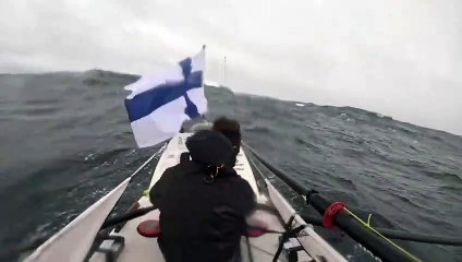 Finnish Rower Jari Saario on his rowing boat in the Atlantic