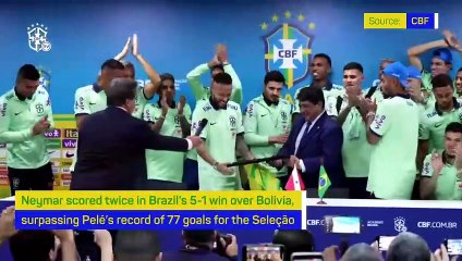 Neymar receives award for breaking Pele's Brazil goalscoring record