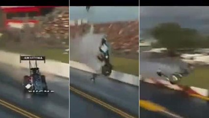 Il dragster lanciato a tutta velocità prende il volo, il video  dello schianto