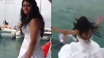 Si tuffa in acqua per festeggiare le nozze, il vestito da sposa rischia di ucciderla