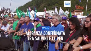 Pontida, Marine Le Pen alla Festa della Lega sul palco con Salvini. Piani per le europee