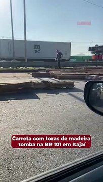 Carreta com toras de madeira tomba na BR 101