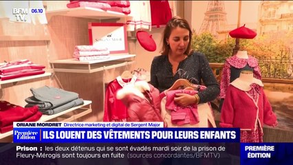 Une enseigne propose de louer des vêtements pour enfants