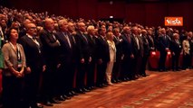 Meloni, La Russa, Tajani e Bonomi cantano l'Inno di Mameli all'assemblea di Confindustria