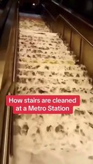 How stairs are cleaned in a metro station