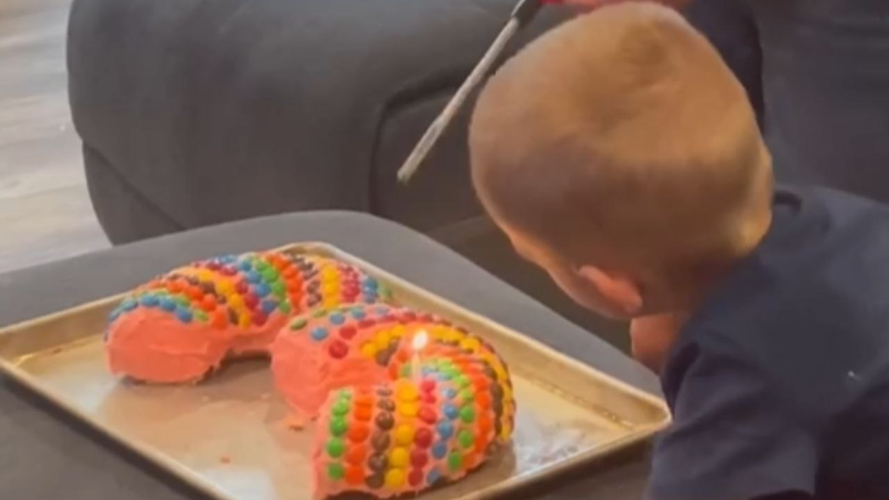 Adorable 3 y/o boy feels delighted as family sings 'Happy Birthday' to him