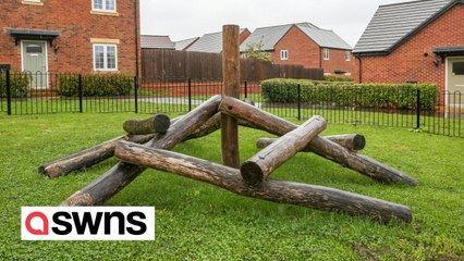 New housing development's kids' play area - a pile of nine logs and a broken bench