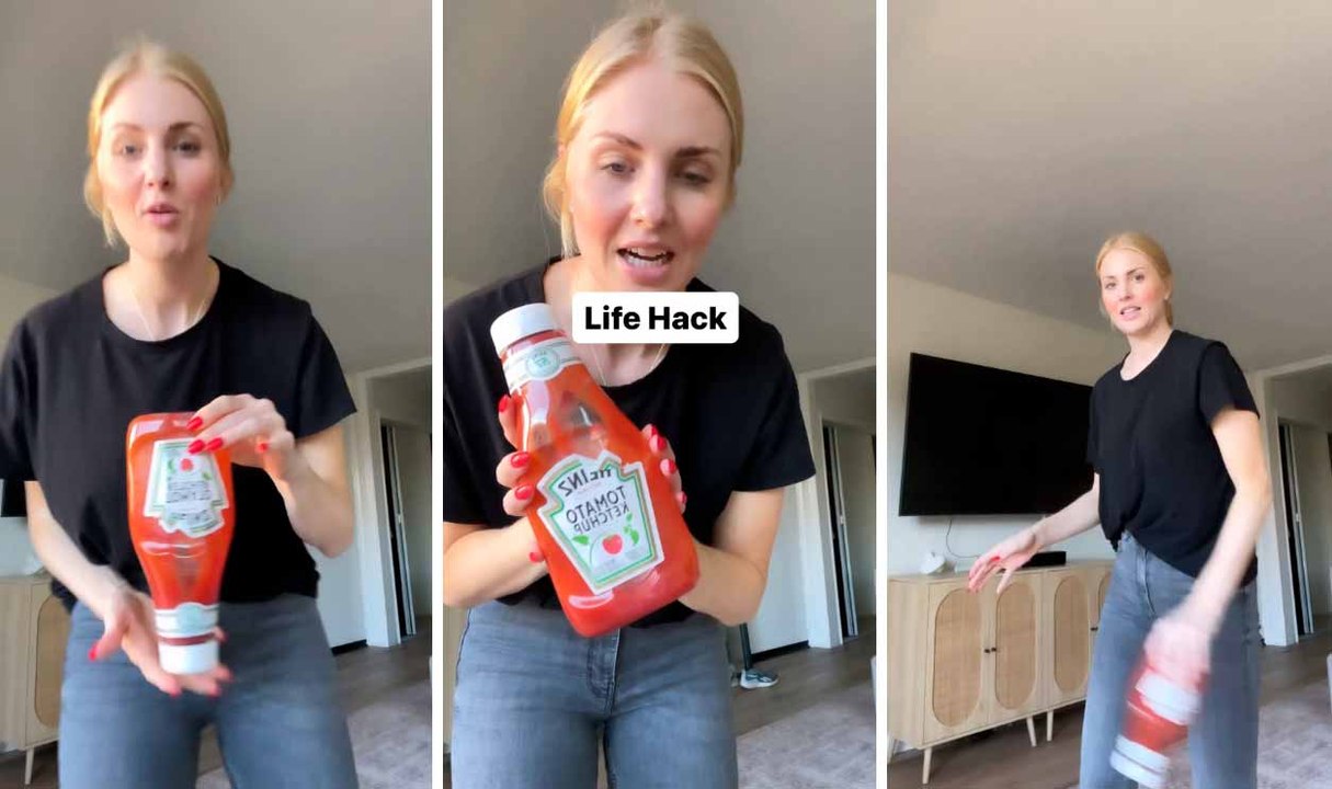 In kurzem und lustigem Video zeigt Frau Trick, um die Ketchup-Flasche bis zum letzten Tropfen zu leeren