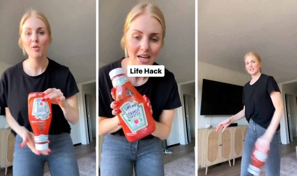 In kurzem und lustigem Video zeigt Frau Trick, um die Ketchup-Flasche bis zum letzten Tropfen zu leeren
