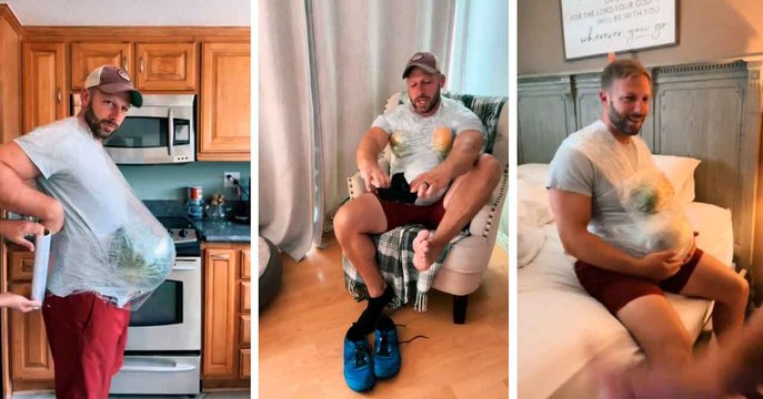 Hilarisches Video: Mit einer Wassermelone am Bauch gebunden, simuliert der werdende Vater Schwangerschaft und amüsiert das Internet
