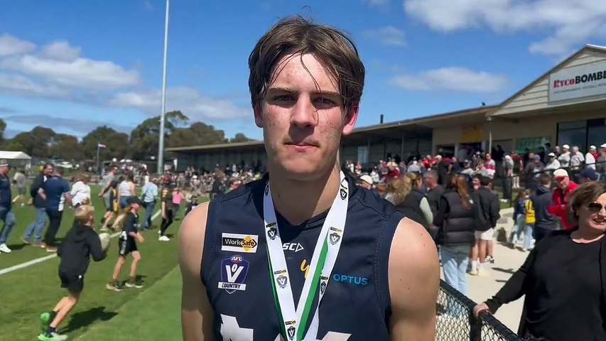 Warrnambool's Amon Radley speaks after winning a best-on-ground medal in the under 18.5 Hampden league football grand final against South Warrnambool.