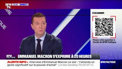 Interview d'Emmanuel Macron ce soir: "J'attends un geste significatif sur le pouvoir d'achat" indique Jordan Bardella, président du Rassemblement national et député européen