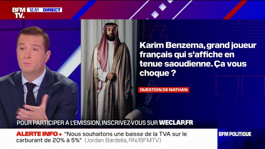 Jordan Bardella sur Karim Benzema en tenue traditionnelle saoudienne: "Je  pense qu'il est un compagnon de route de l'idéologie islamiste" - Vidéo  Dailymotion