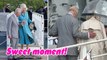 Sweet moment Charles affectionately puts his hand on Camilla's back as he helps her disembark plane