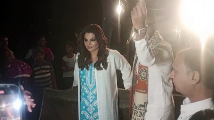 Rakhi Sawant reaches her in-laws home on JCB