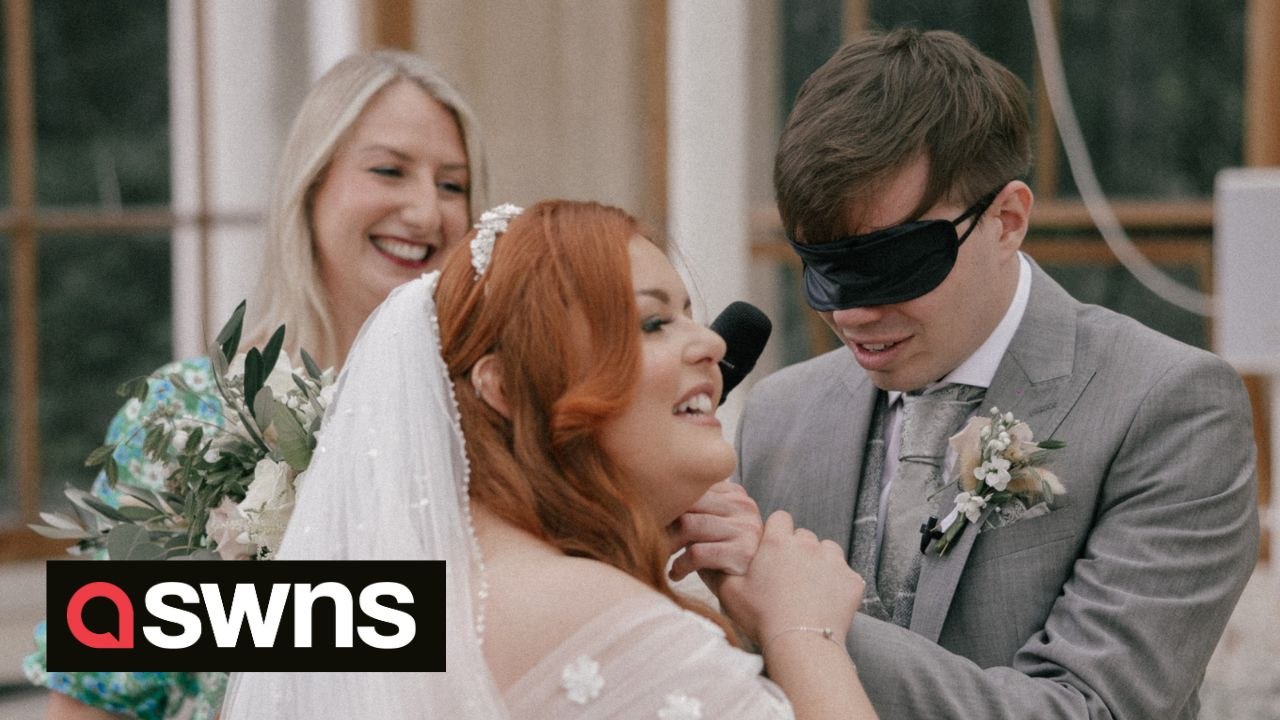 Blind bride lets guests "walk in her shoes" by blindfolding them as she walks down the aisle