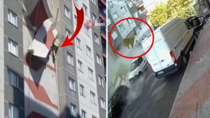 16 katlı binadan kopan beton parçalarından son anda kurtuldular! O anlar kamerada