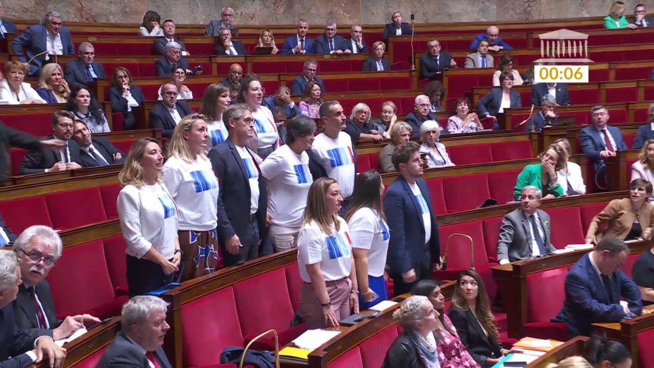 Des députés écologistes revêtent des "warming stripes" dans l'hémicycle pour interpeller le gouvernement sur le réchauffement climatique