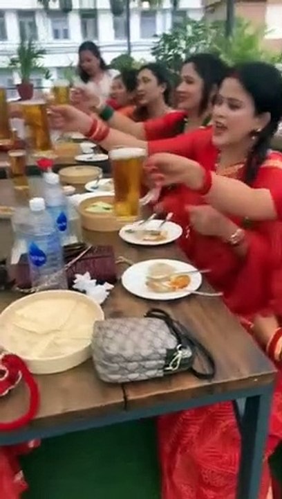 Red dressed ladies party