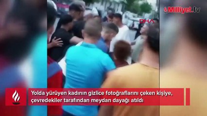 Yolda yürüyen kadının gizlice fotoğrafını çekti! Mahalleliden meydan dayağı