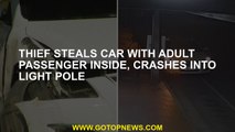 Thief steals car with adult passenger inside, crashes into light pole
