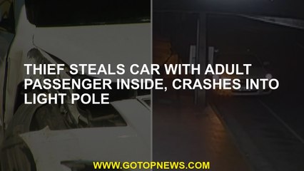 Thief steals car with adult passenger inside, crashes into light pole