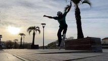 Skateboarding dad kicked out of the frame after DISASTROUS attempt at kick flip