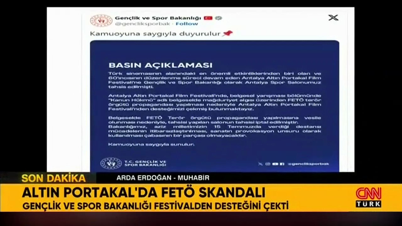 Gençlik ve Spor Bakanlığı, Antalya Altın Portakal Film Festivali'ne desteğini çekti
