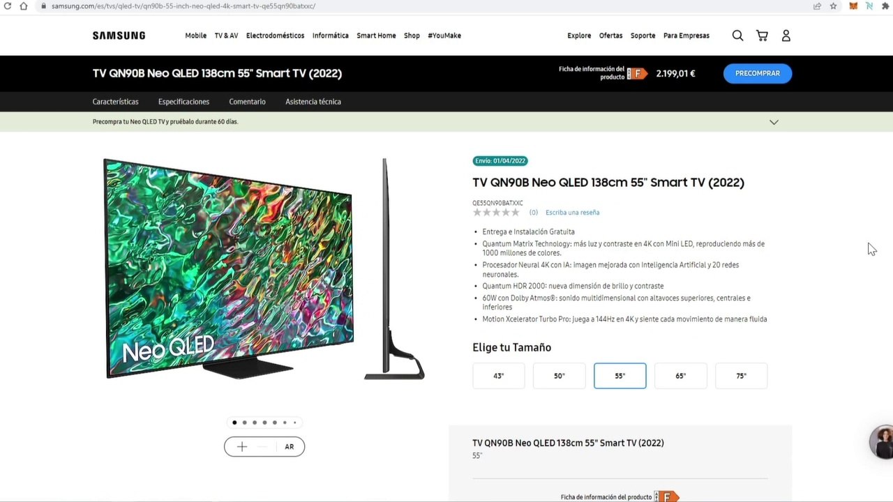 SAMSUNG TV QN90B NEO QLED 2022 | NUEVA TECNOLOGÍA MINI LED CON HDMI 2.1 - 4K - 144HZ
