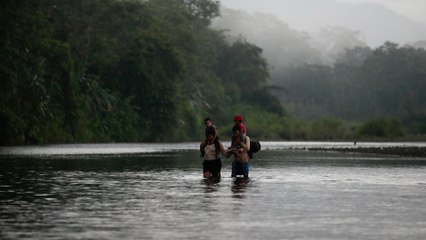 Video: Padre e hijo migrantes arriesgan sus vidas saltando desde más de cinco metros de altura a un río en su travesía hacia EE. UU.