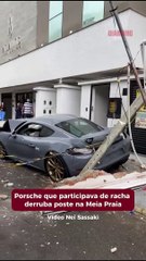 Porsche que participava de racha derruba poste na Meia Praia